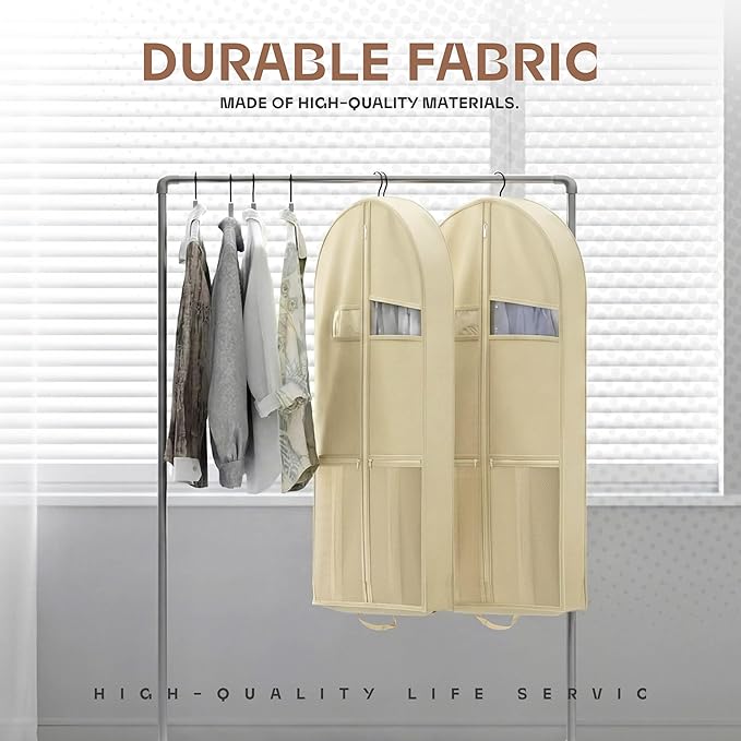 Lazebox 43" Travel Garment Bag with Accessories Zipper Pocket, Heavy Duty Suit Bag for Suits, Tuxedos, Dresses, Coats, Beige, 1 pack