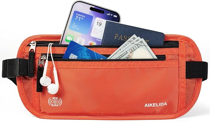 RFID Blocking Money Belt - Passport Holder & Travel Wallet, Slim Hidden Fanny Packs for Women Men - Orange