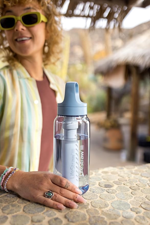 LifeStraw Go Series – BPA-Free Water Filter Bottle for Travel and Everyday use removes Bacteria, parasites and microplastics, Improves Taste, 1L 2-Pack; Icelandic Blue and Aegean Sea