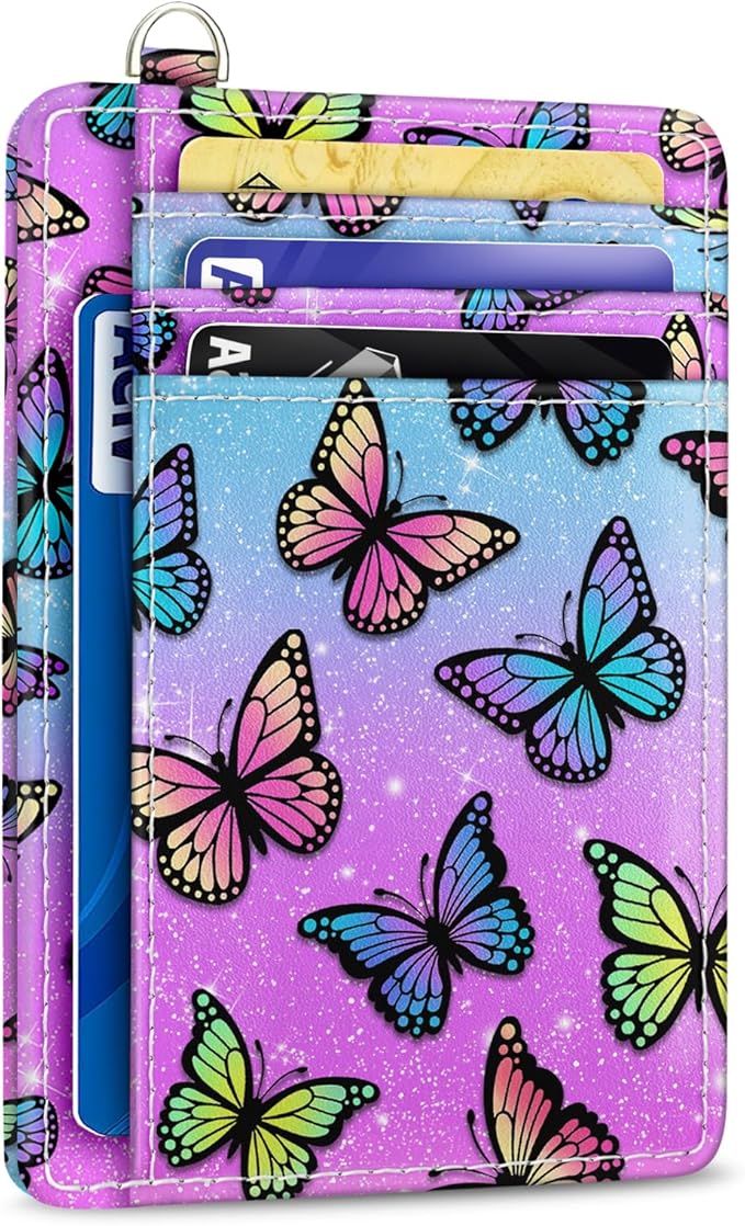 Yonlevres Credit Card Holder Slim Wallet, Butterfly RFID Wallet Women Front Pocket Small Card Holder, Travel Cute Funny Thin Card Case ID Window PU Leather RFID Blocking Card Organizer Gifts Girls