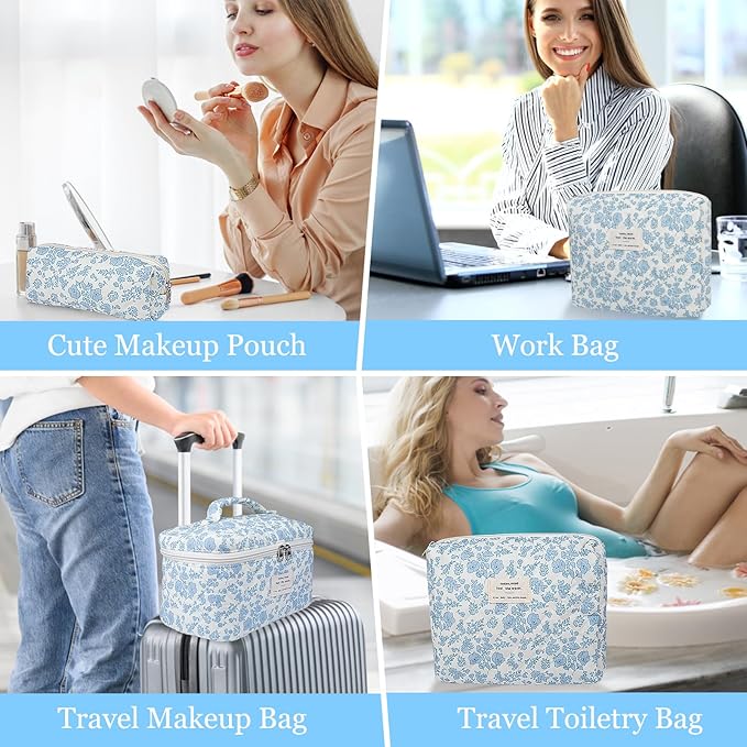3PC Makeup Bag Set, Cute Cosmetic Bag for Women Girls, Floral Coquette Aesthetic Toiletry Bag, Travel Make Up Organizer Bag (Blue Check)