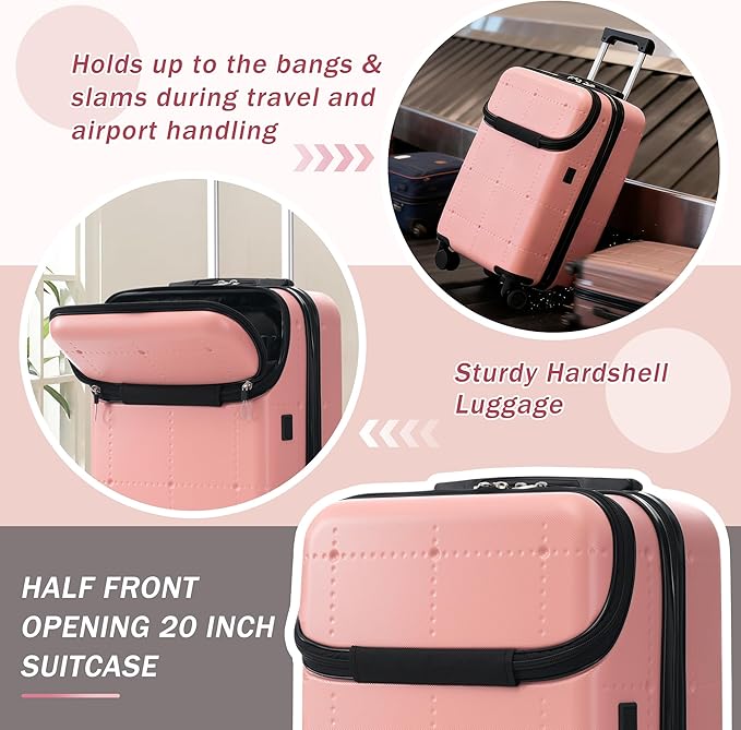 Merax Luggage Sets 5 Piece, Hardside 20" Half-opening Carry On Suitcase Set with USB Port,Lightweight Travel 24" 28" Luggage with Bags TSA Locks Double Spinner Wheels,Light Pink