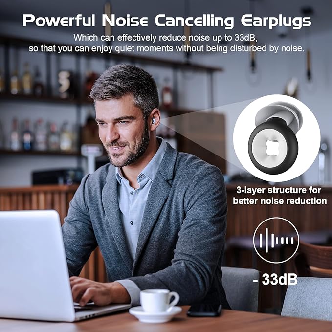 Noise Cancelling Earplugs Reusable Silicone 33dB Hearing Protection 2 Pair Waterproof for Sleeping Snoring Work Concert Study