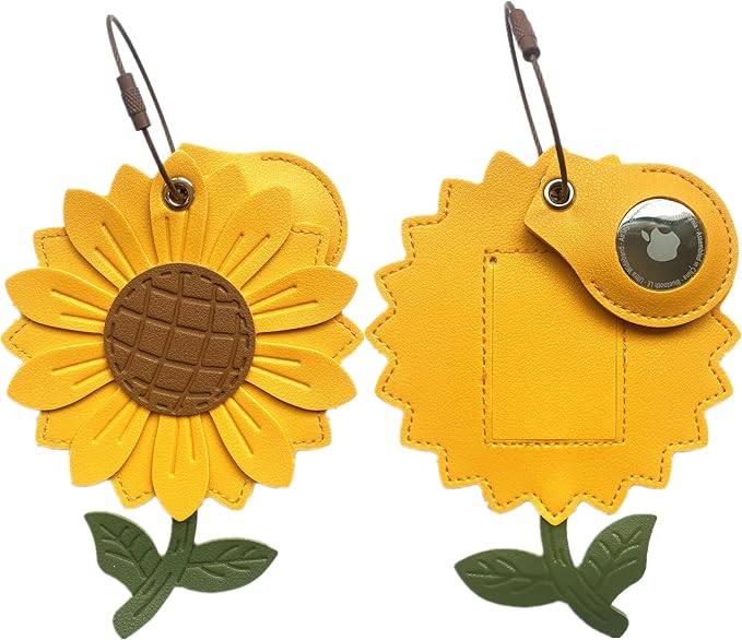 Cute Leather Luggage Tag Holder with Airtag Case Set,Hidden Compartment for AirTag Travel Suitcase Tracking Case with Stainless Steel Loop,Name ID Label(Sunflower)