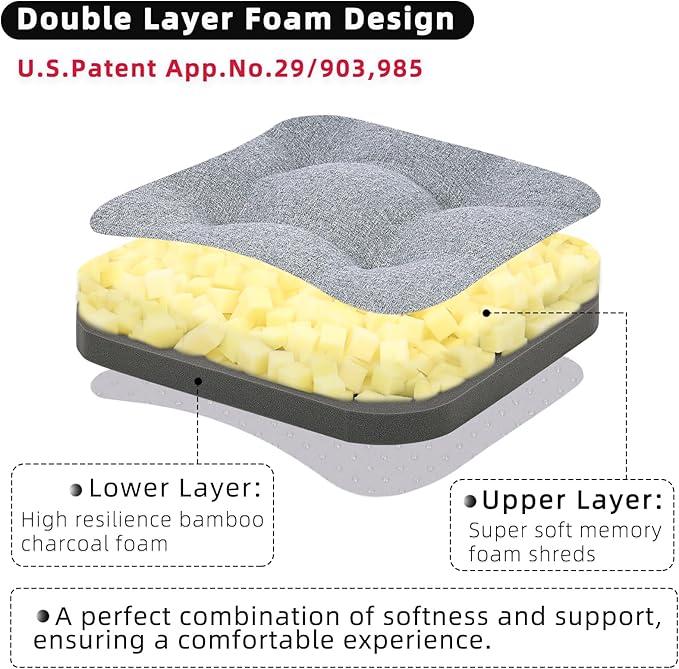 GOFORIT Chair Cushions Set of 2,Tufted Shredded Memory Foam Chair Pads, Non-Slip Seat Cushions with Removable Cover, 16'' x 16'', 2 Pack,Grey