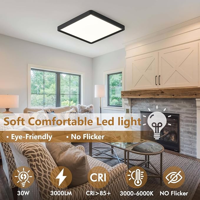 12 Inch 6PK Square LED Flush Mount Ceiling Light, 30W, 3000LM 3000K/4000K/6000K CCT Selectable, Square LED Flat Panel Ceiling Light Fixture for Bedroom,Kitchen,Living Room (Black)