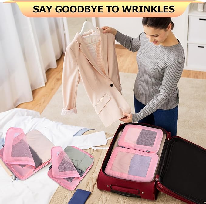 4 Set Ultralight Compression Packing Cubes Travel for Suitcases ，Compressible Mesh Packing Cubes for Travel Women Packing Organizers (Pink)
