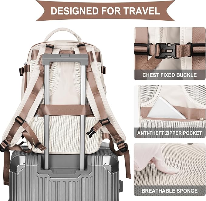 coowoz Vacuum Backpack Travel with Pump,Travel Backpack with Vacuum System For Women Men,Carry On Backpack,Hiking Backpack Waterproof Outdoor Sports Rucksack Daypack,30L(Vacuum pump) Beige Brown