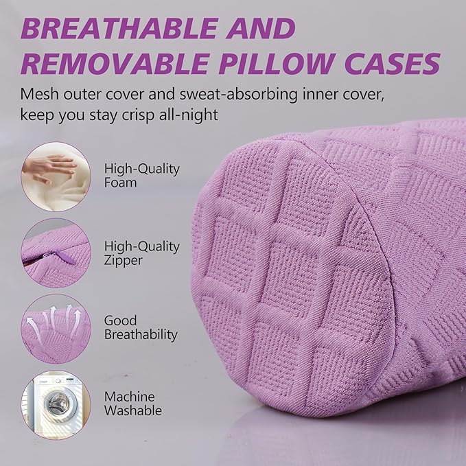 Cozyhealth 3.1" H Small Cervical Roll Pillow, Medium Soft Memory Foam Neck Round Pillow Cylinder Bolster Pillow for Sleeping, Round Neck Support for Bed, Legs, Back and Yoga (Purple, Small - 3.1" H)