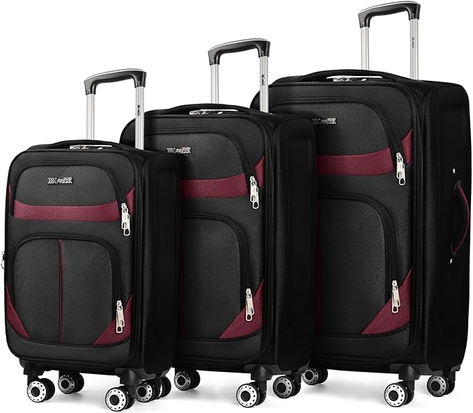 3-Piece Softside Expandable Luggage Set with Front Open Pocket,Lightweight Durable Suitcase Sets Double Spinner Wheels & w/LOCK（Black-Burgundy,20in/24in/28in）