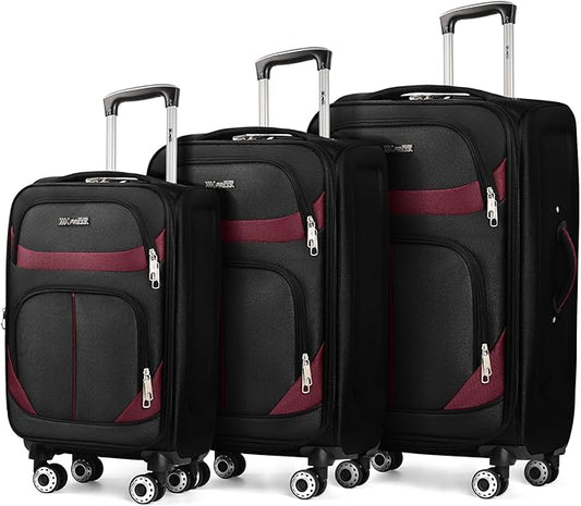 3-Piece Softside Expandable Luggage Set with Front Open Pocket,Lightweight Durable Suitcase Sets Double Spinner Wheels & w/LOCK（Black-Burgundy,20in/24in/28in）