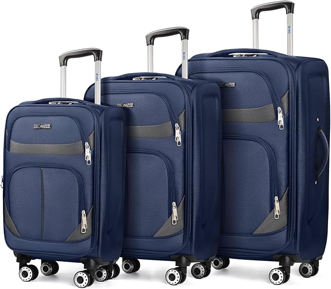 3-Piece Softside Expandable Luggage Set with Front Open Pocket,Lightweight Durable Suitcase Sets Double Spinner Wheels & w/LOCK（Navy-Grey,20in/24in/28in）