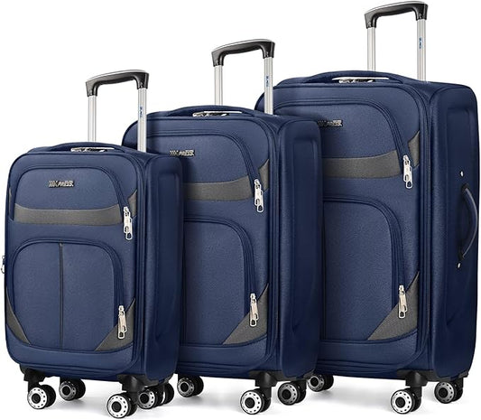 3-Piece Softside Expandable Luggage Set with Front Open Pocket,Lightweight Durable Suitcase Sets Double Spinner Wheels & w/LOCK（Navy-Grey,20in/24in/28in）