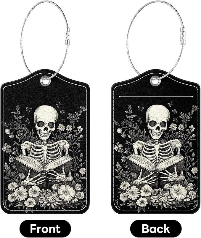 2 Pack PU Leather Luggage Tags for Suitcases, Privacy Protection Cover with Stainless Steel Loop and Address Card, Travel Cruise Essentials (Book Skull)