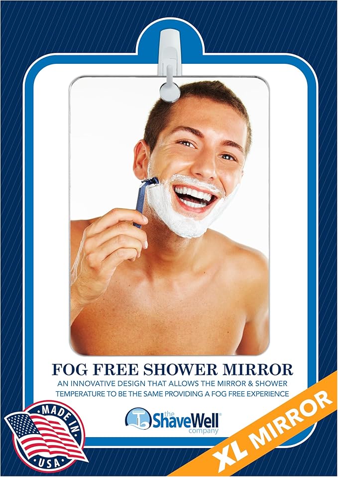 Shave Well XL Anti-Fog Shaving Mirror | X-Large Fogless Hanging Bathroom Shower Mirror with Handheld Option for Men and Women | Includes Long-Lasting Removable Adhesive Hook for Wall