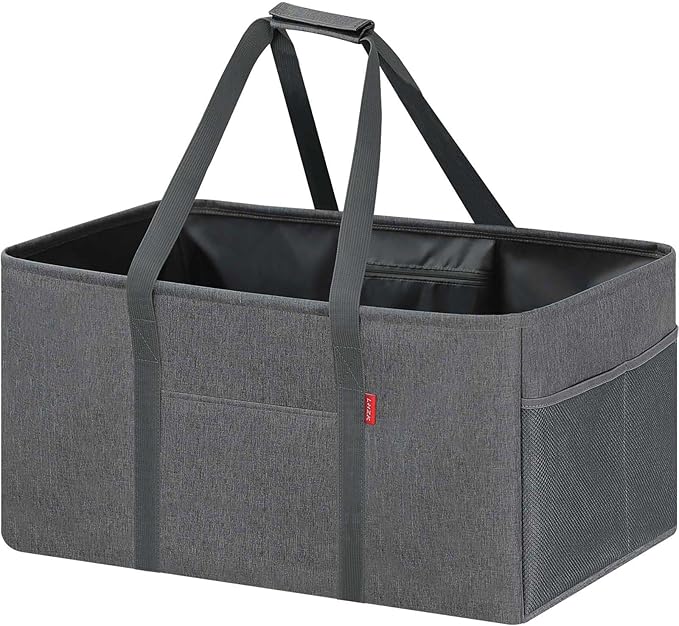 LHZK Standing Extra Large Utility Tote Bag with Metal Wire Frame and the Sides Rinforced, Extra Large Tote Bag with Handle, Reusable Grocery Bags Foldable, Beach Bag, Car Tote (Gray, 26''x15''x13'')