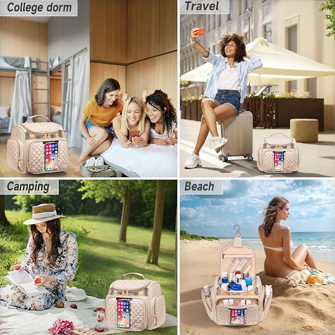 Large Leather Toiletry Bag for Women Men,Bathroom Bag,Water Resistant Shower Bag,Makeup Bag,Portable Shower Caddy for College Dorm,Hanging Travel Toiletry Bag with Transparent Waterproof Phone Pocket