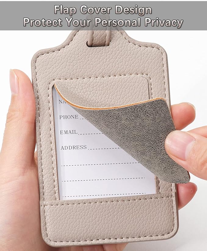 3 Pack Luggage Tags - Quick Install, Privacy Protection, Airplane Travel Essentials for Suitcases, Durable Leather - Lichee Beige