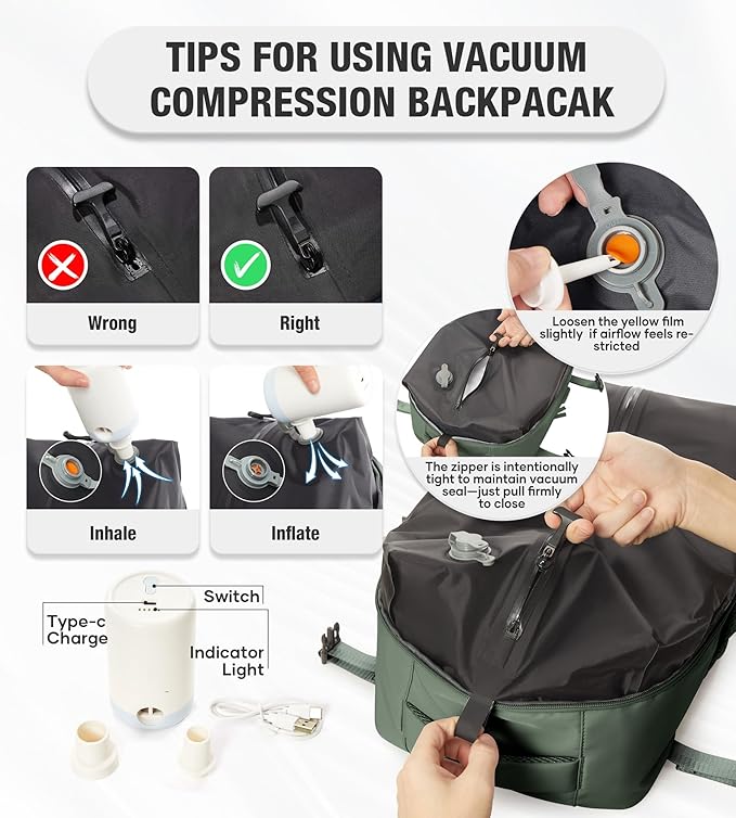 VECAVE Vacuum Travel Backpack with Pump for Women, Personal Item Carry on Backpacks Flight Approved for Men,Laptop Waterproof Work Compression bags Casual Daypack(Green)