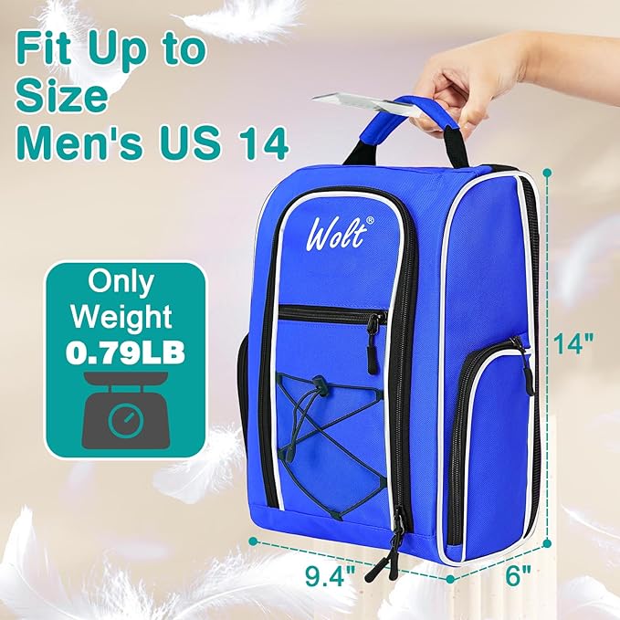 Wolt | Golf Shoe Bag for Travel- Zippered Shoes Carrier Bags with Ventilation & Double Outside Accessory Pocket for Socks, Tees, Golf Balls, Etc. for Women and Men (Blue)
