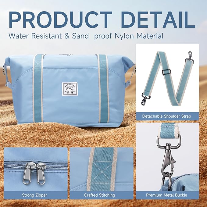 WALNEW Travel Duffel Bag, Weekender Overnight Carry On Bag for Women Men, Foldable Waterproof Gym Luggage with Metal Buckle Detachable Shoulder Strap and Wet Compartment (Light Blue)