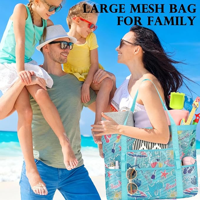 Fammart Mesh Beach Bag, Large Beach Tote with Zipper Pocket, Toys Pool Bag for Family Travel Vacation Cruise Essentials