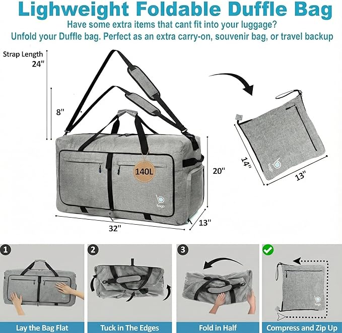 Bago Extra Large Duffle Bag for Travel Women & Men. Durable, Lightweight, Foldable Travel Duffel Bags For Traveling Women. 140L Duffle Bags Use As a Weekender Bag with Shoe Compartment, Checked Duffel