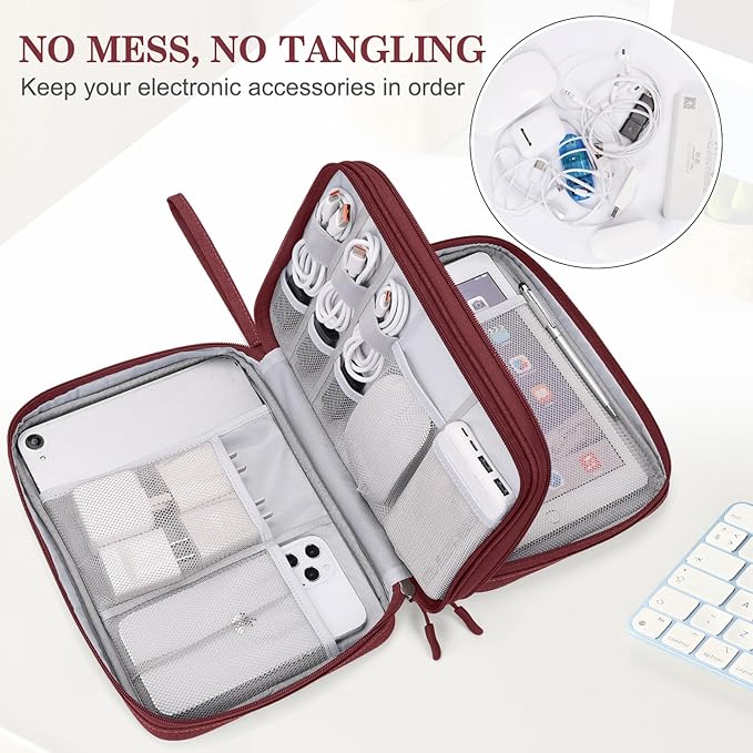 FYY Electronic Organizer, Extra Large Travel Cable Organizer Bag Pouch Portable Waterproof Double Layers All-in-One Storage Bag for iPad, Cable, Power Bank, Laptop Charger for Office/Home, Wine Red