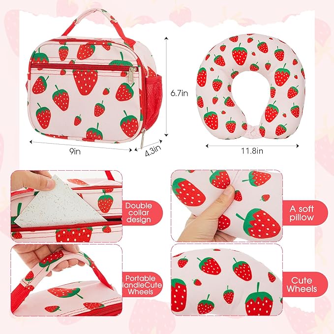 Redbaker 17 Inch 6 Pcs Kids Luggage Set Kids Rolling Luggage Double Pattern Suitcase for Boys Girls (Blush Pink, Strawberry Style)