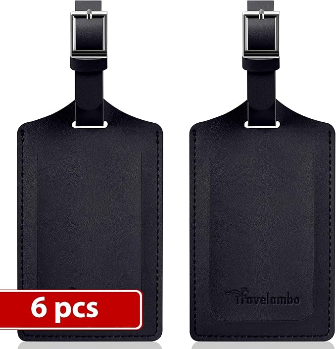 Travelambo Luggage Tags for Suitcases Faux Leather Privacy Protection 6 Pack Bag Tags Travel Accessories Essential, Black