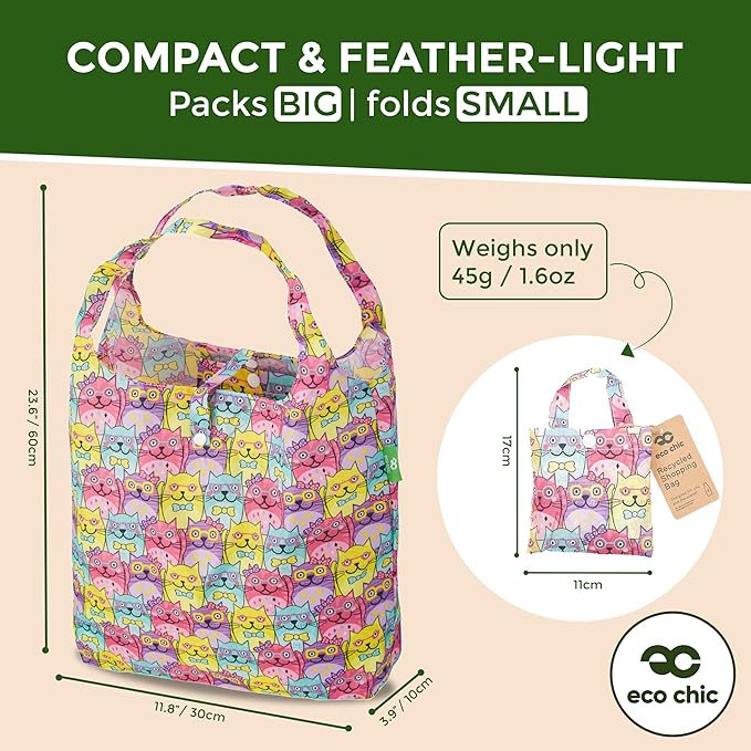 ECO CHIC Foldable Reusable Grocery Bags - Lightweight, Recycled & Reusable Shopping Bag - Waterproof Packable Tote
