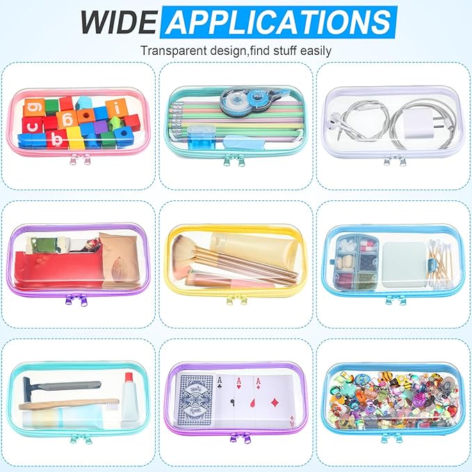 Sanwuta 6 Pcs Clear Hard Zipper Case Plastic Zipper Pouches Transparent Makeup Bag Pencil Case Pouches Toiletry Diaper Bag for Travel Toy Storage Organizer Bins(Colorful,7.48 x 3.94 x 2 Inch)