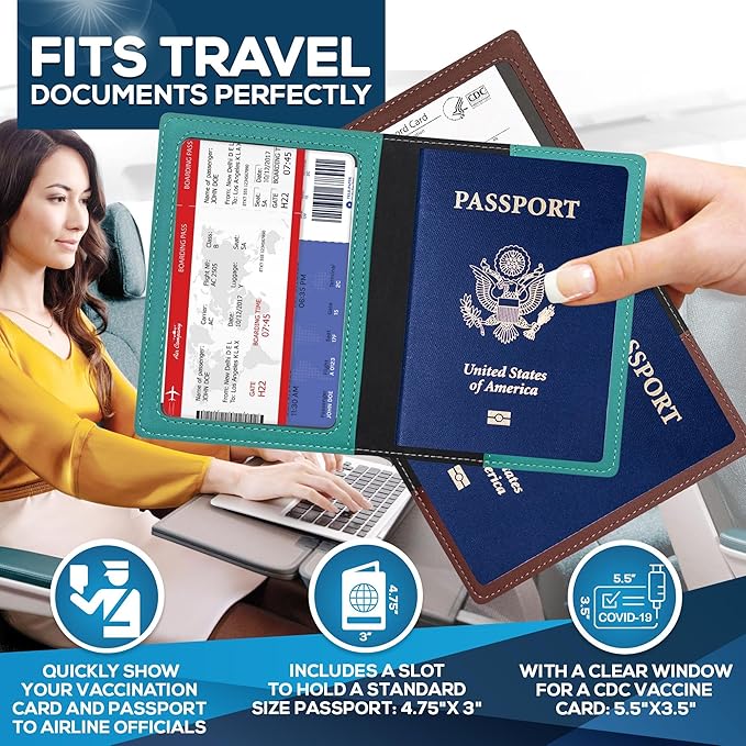 Ciana Passport Holder for Travel – PU Leather Passport Cover and Card Holder for Men & Women – Slim Passport Holder with Card Protector Slot, Travel Must Haves (Brown and Turquoise)