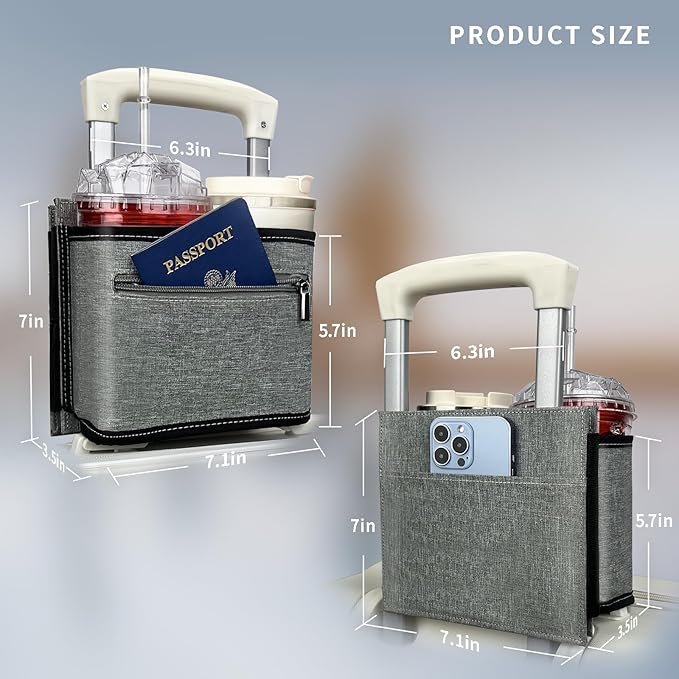 Travel Luggage Cup Holder, Liveagain Drink Caddy, Luggage Cup Holder Attachment, Free Hand Suitcase Drink Carrier for Drinks Beverages, Coffee, Bottles, Snack (Gray)