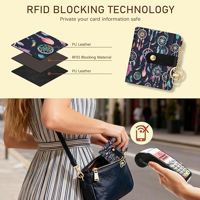 Jogjam Colorful Dream Catchers with Feathers Rfid Ladies Wallet, Small Credit Card Women Wallet, Boho Traditional Circular Net PU Leather Bifold Cash Zipper Coin Pocket for Female Blessing