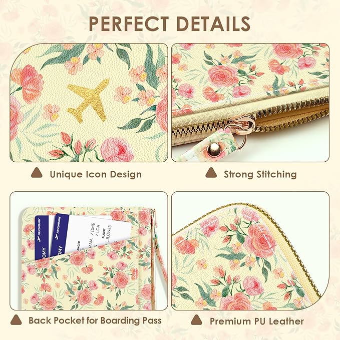 KONVINIT Passport Holder For Travel, RFID Blocking Leather Passport Cover For Travel Accessories, Passport Wallet with Zipper Closure, Cute Passport Book for Women and Men, Pink Flowers