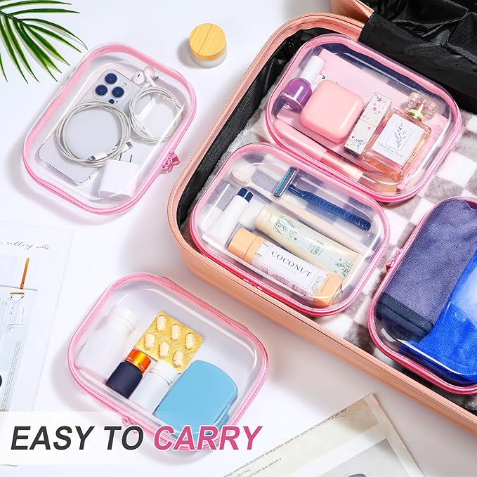 Sanwuta 6 Pcs Clear Hard Zipper Case Plastic Zipper Pouches Transparent Makeup Bag Pencil Case Pouches Toiletry Diaper Bag for Travel Toy Storage Organizer Bins(Pink,7.87 x 5.9 x 2 Inch)