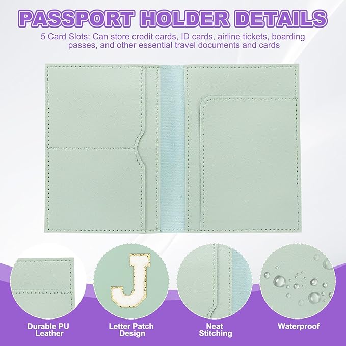 PATIKIL Passport Holder for Travel, Initial Passport Cover and Luggage Tag Set with Alphabet Chenille Letter Patch Travel Wallet Bag Suitcase Identifier for Women Family Travel Green J