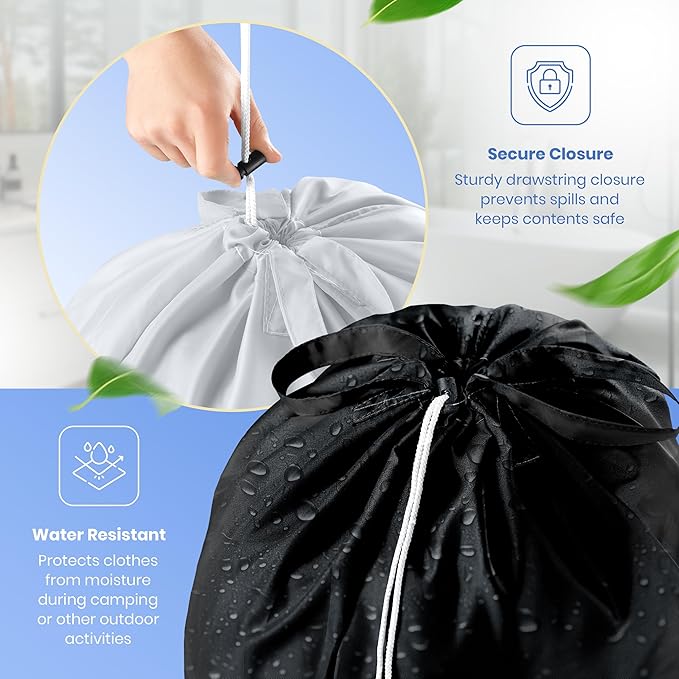 Extra Large Travel Laundry Bag - 2-Pack Fun Print Design Bags for Dirty Clothes - Durable Water-Resistant Fabric - Sturdy Drawstring Closure (Black-White | Laundry)
