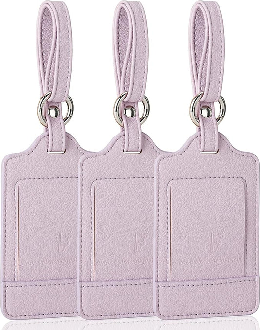 3 Pack Luggage Tags - Quick Install, Privacy Protection, Airplane Travel Essentials for Suitcases, Durable Leather - Lichee Lilac