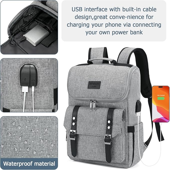 YALUNDISI Vintage Backpack Travel Laptop Backpack with usb Charging Port for Women & Men College Backpack Fits 15.6 Inch Laptop Grey Brown