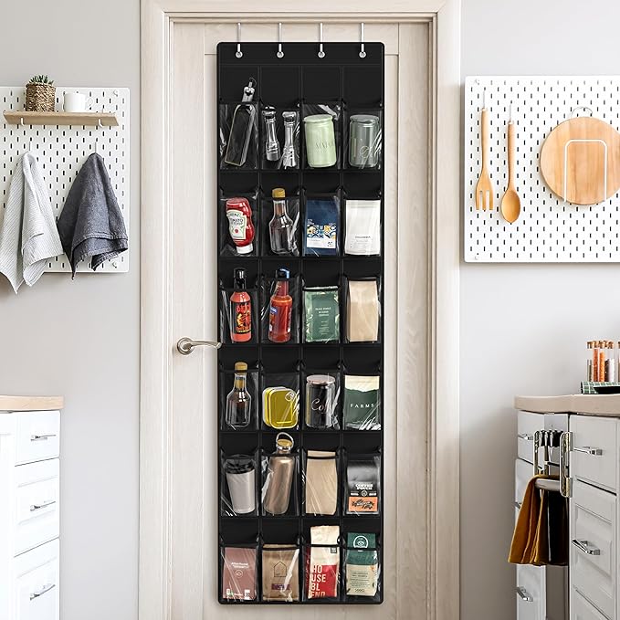 Simple Houseware 24 Pockets - Crystal Clear Over The Door Hanging Shoe Organizer, Black (64'' x 19'')