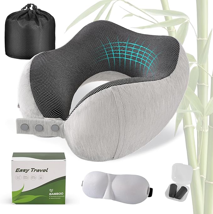 Neck Pillow for Traveling, Travel Pillows for Airplanes,100% Pure Memory Foam Travel Neck Pillow, Adjustable Flight Pillow, Portable Plane Accessories with Eye Mask, Earplugs, Carry Bag