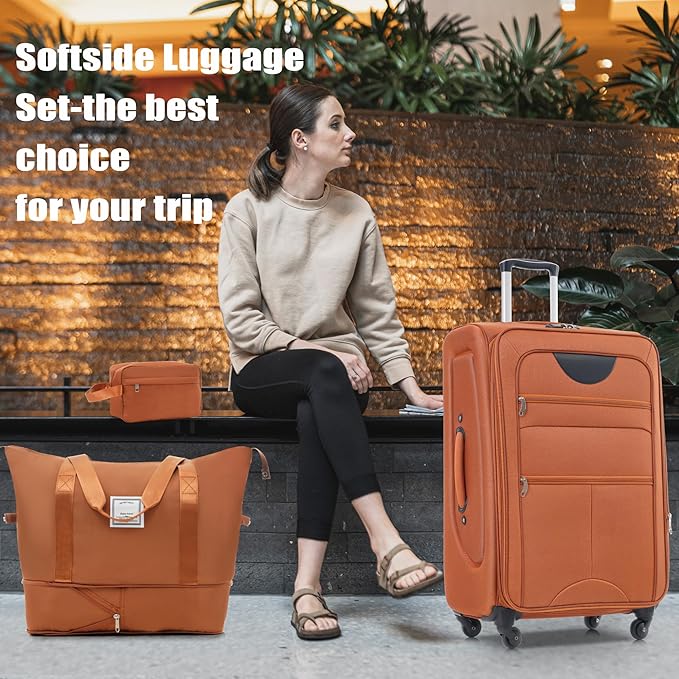 3 Piece Softshell Expandable Luggage Sets with 2 Travel Bags, Lightweight Travel Suitcase Set with TSA Lock, 360°Swivel Spinner Wheels, Durable Softside Luggage for Men Women, 22/26/30 in, Orange