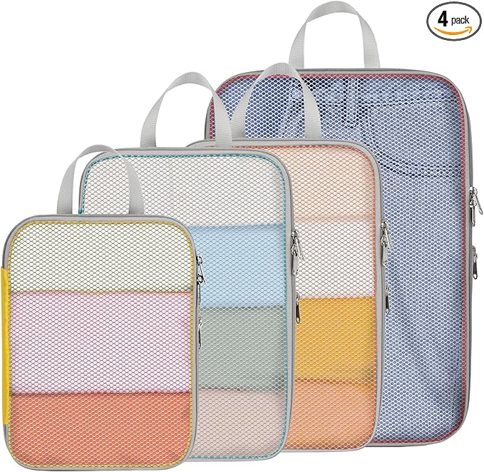 Cambond Compression Packing Cubes for Travel - 4 Set Multi-color See Through Mesh Compression Cubes for Travel Essentials, Space Saving Luggage Packing Organizers Bags for Carry on Suitcases