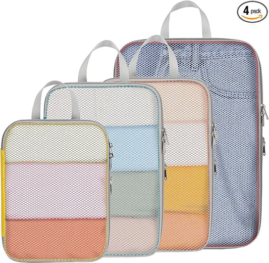 Cambond Compression Packing Cubes for Travel - 4 Set Multi-color See Through Mesh Compression Cubes for Travel Essentials, Space Saving Luggage Packing Organizers Bags for Carry on Suitcases