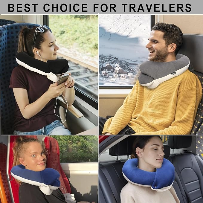 BUYUE Travel Neck Pillows for Airplanes, 360° Head Support Sleep for Long Flight, Skin-Friendly & Breathable, Kit with 3D Contoured Eye Mask, Earplugs and Storage Bag (Adult, Pink, 90+ lbs)