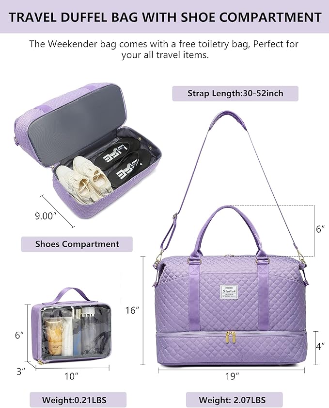 Women Weekender Travel Duffle Bag: Travel Duffel Overnight Bags with Shoe Compartment Large Carry on Tote Bag Toiletry Bag Weekend Yoga Gym Hospital Bags for Labor and Delivery with Wet Pocket Purple