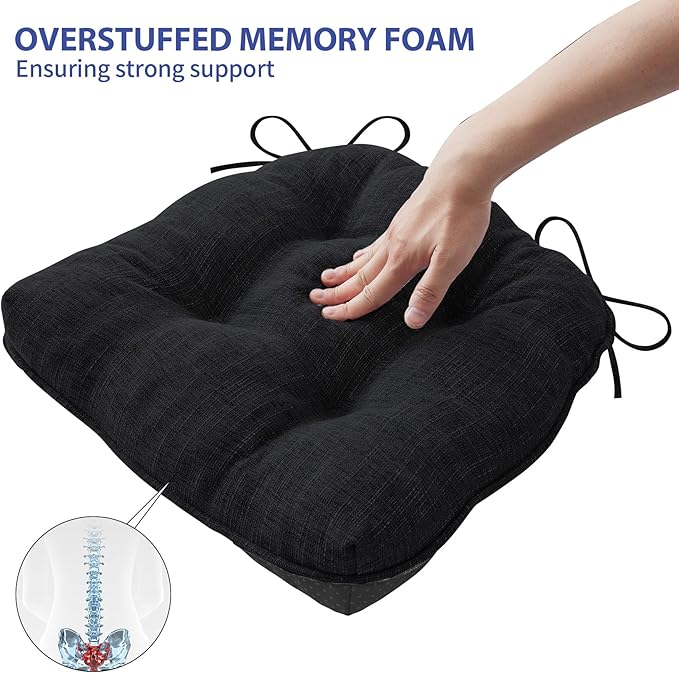 Chair Cushions for Dining Chairs Set of 6, Kitchen Chair Cushions, Chair Pads with Ties and Non Slip Backing, Tufted Memory Foam Seat Cushion 6 Pack, 15.5" x 15.5" x 4", Black