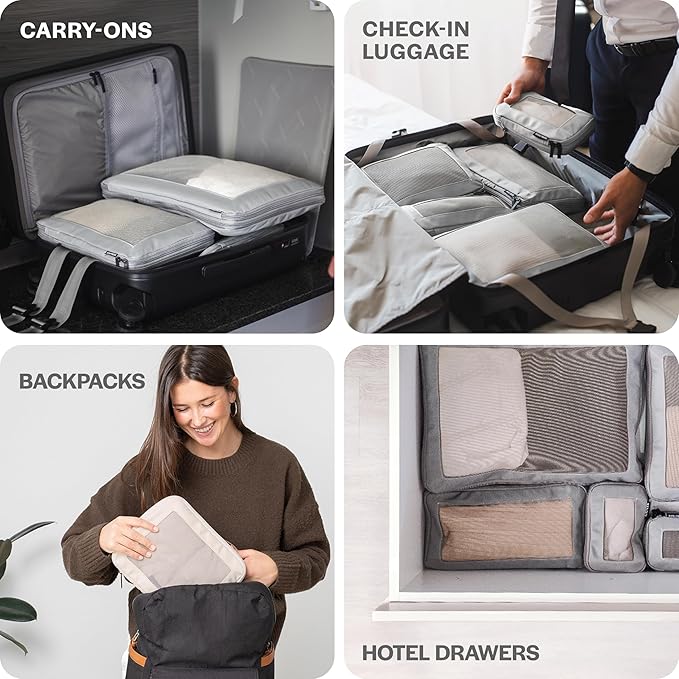 Aerotrunk Compression Packing Cubes for Travel - Luggage Organizer Bags - Double Zipper Packing Cubes for Suitcases (12-Pack, Light Grey)